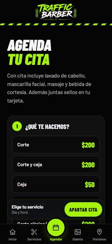 Pantalla para agendar cita en Traffic Barber