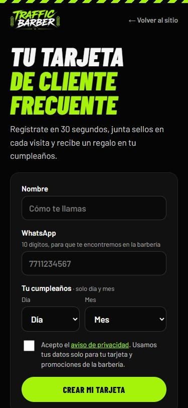 Registro de cliente frecuente de Traffic Barber